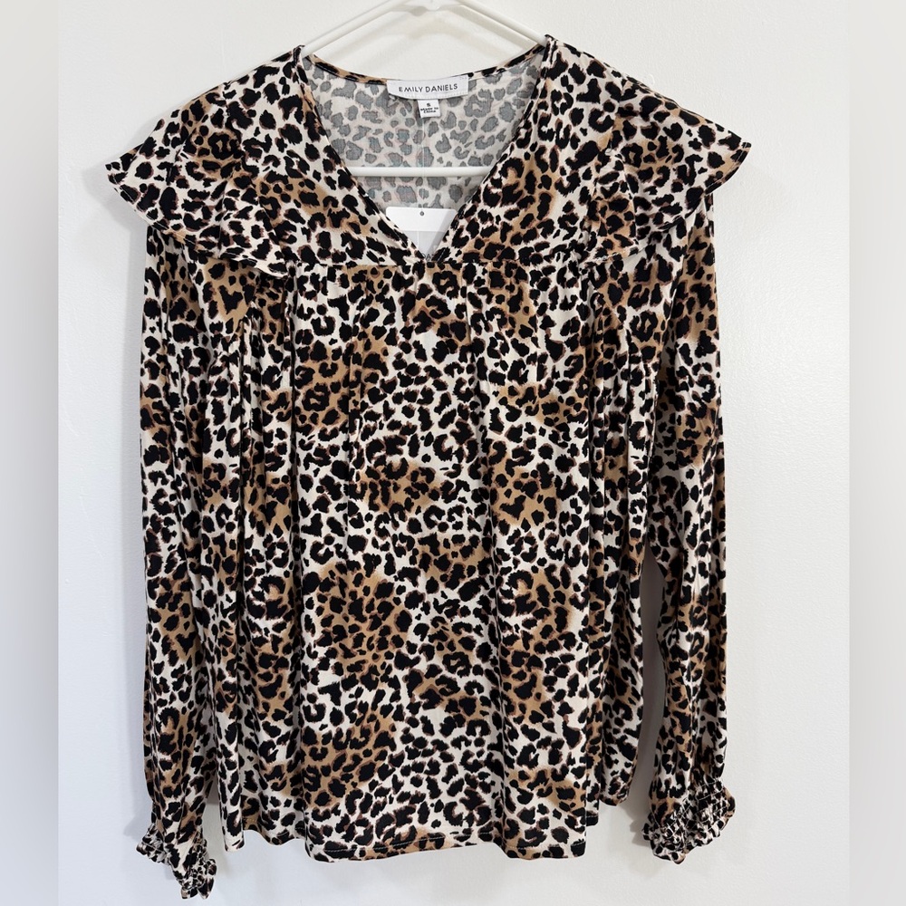 Emily Daniels Leopard Print V-Neck Ruffle Blouse - Brown/Black - Picture 8 of 10